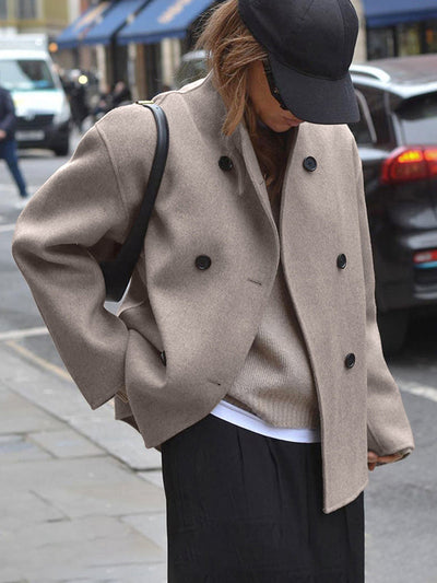 Long Sleeves Loose Buttoned Stand Collar Woolen Coat