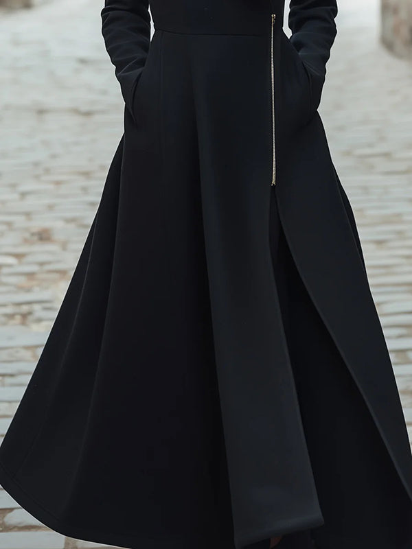 A-Line Long Sleeves Buttoned Pockets Solid Color Zipper Lapel Woolen Coat