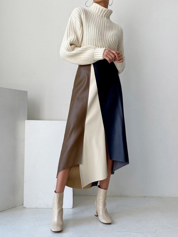 A-Line High Waisted Asymmetric Contrast Color Split-Front Skirts Bottoms