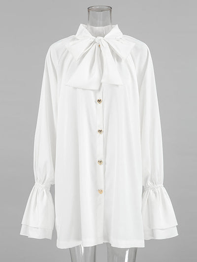 A-Line Flared Sleeves Buttoned Elasticity Pleated Solid Color Tied Zipper Stand Collar Mini Dresses