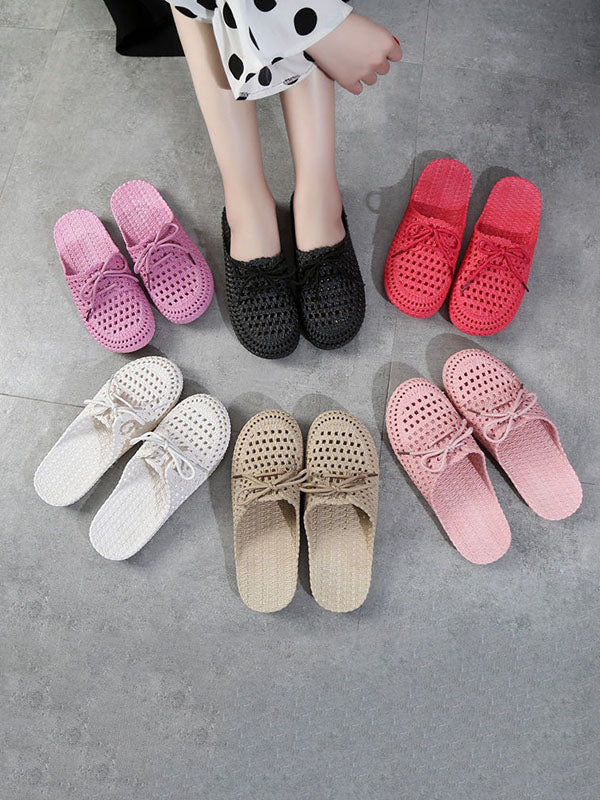 Hollow Lace-Up Round-Toe Mules&Slides Slippers