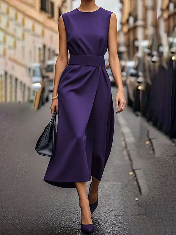 High Waisted Loose Pleated Solid Color Round-Neck Midi Dresses