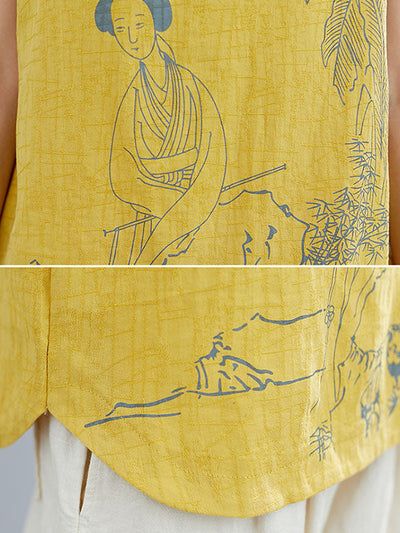 Artistic Retro Chinese-Style Printed Buttoned Stand Collar Sleeveless Vest