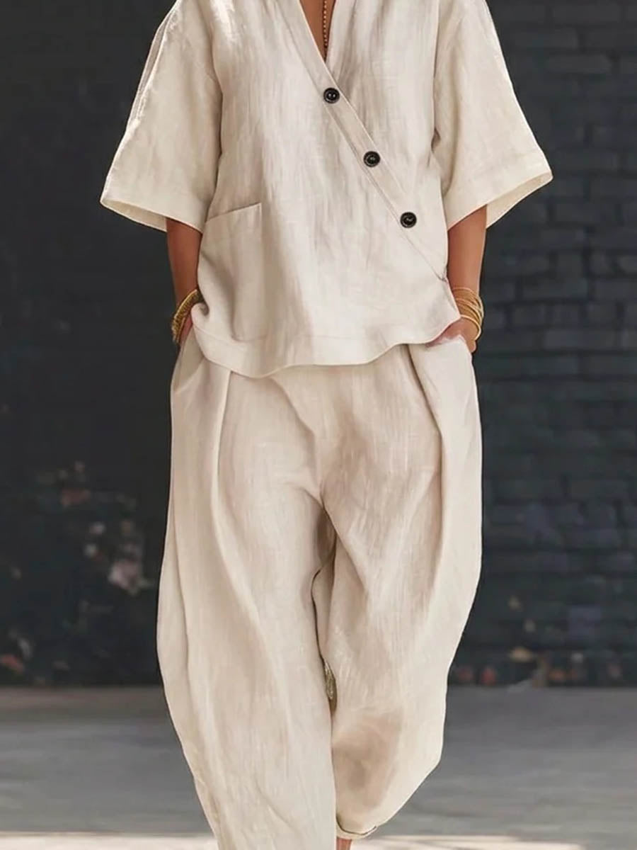 Loose Solid Color V-Neck Asymmetric Buttoned Blouses&Shirts Tops + High Waisted Pockets Pants Trousers Two Pieces Set