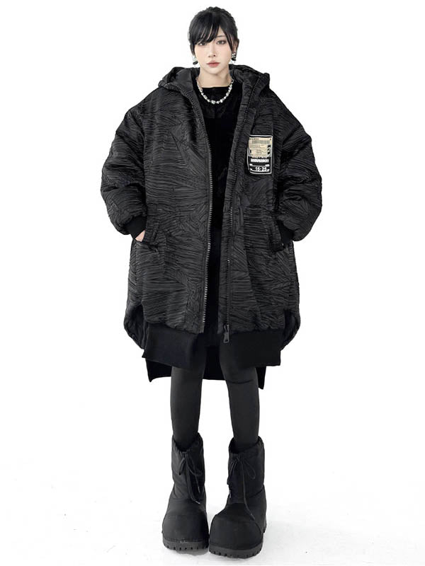 High-Low Irregularity Abstract Printed Contrast Color Split-Joint Zipper Hooded Outerwear Overcoat