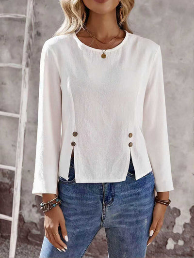 Long Sleeves Buttoned Solid Color Split-Front Round-Neck T-Shirts Tops