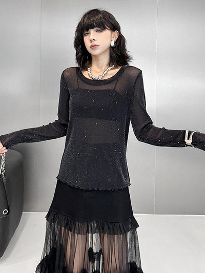 Long Sleeves Loose See-Through Shiny Round-Neck T-Shirts Tops