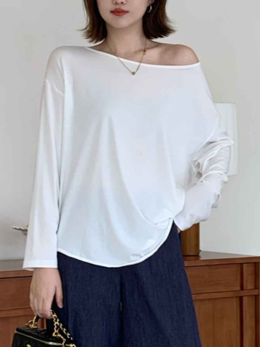 Long Sleeves Loose Solid Color Round-Neck T-Shirts Tops