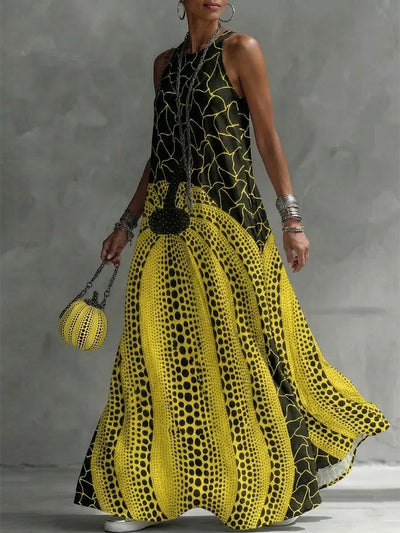 Loose Sleeveless Pockets Polka-Dot Printed Round-Neck Maxi Dresses