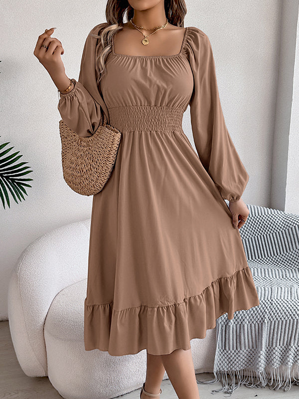 A-Line Elasticated Waist Pleated Ruffled Solid Color Square-Neck Midi Dresses