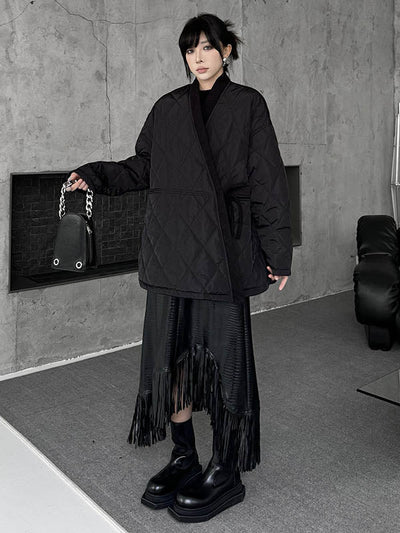 Long Sleeves Loose Plaid Quilted Solid Color Split-Joint Tied Collarless Outerwear Padded Coat