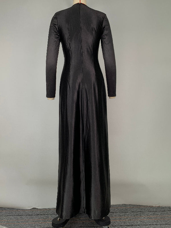 Solid Color Bodycon Long Sleeves Pleated  Split-Front Tied Waist Deep V-Neck Maxi Dresses