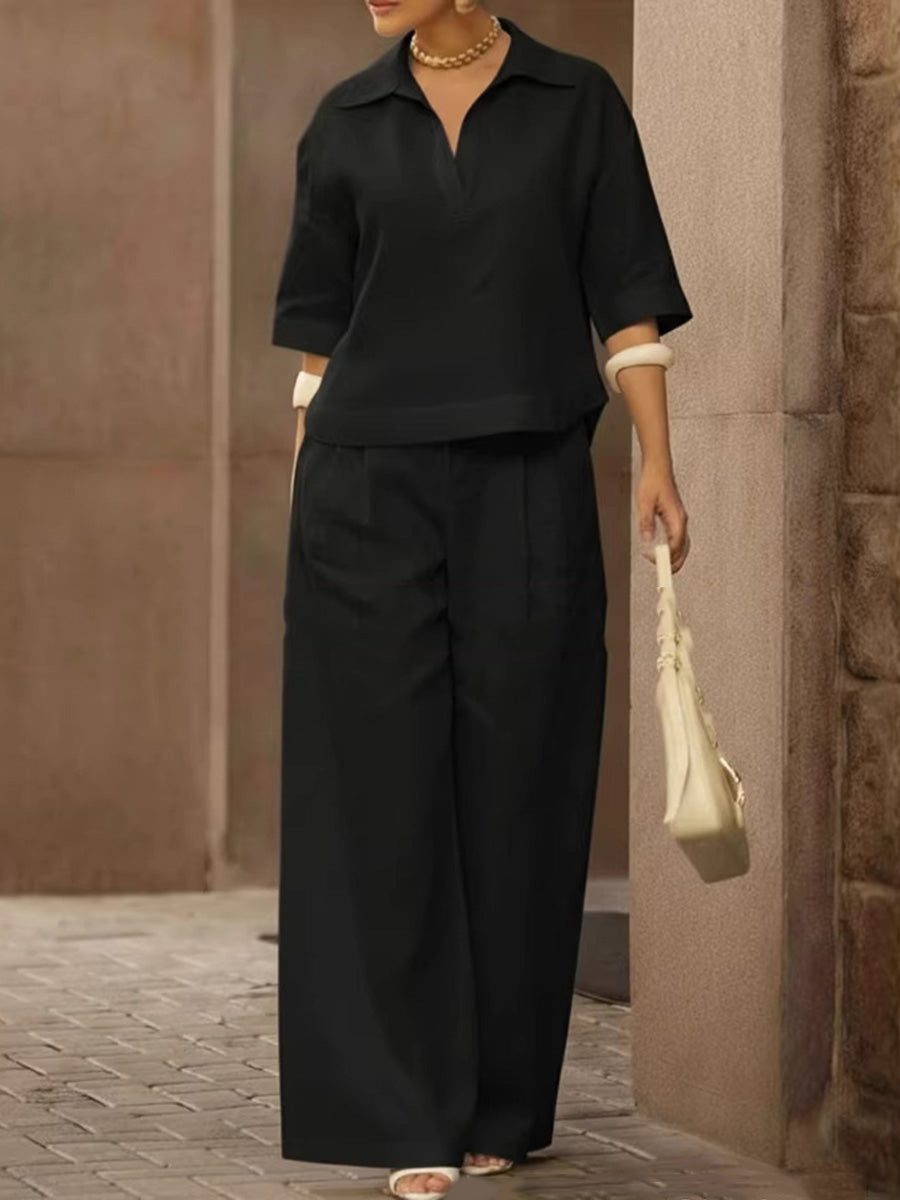 Solid Color Half Sleeves Lapel Blouses&Shirts Tops +  High Waisted Pleated Trousers Pants Two Pieces Set