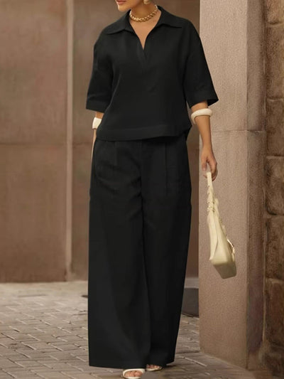 Solid Color Half Sleeves Lapel Blouses&Shirts Tops +  High Waisted Pleated Trousers Pants Two Pieces Set
