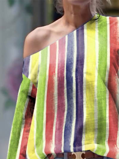 Long Sleeves Loose Contrast Color Striped One-Shoulder T-Shirts Tops