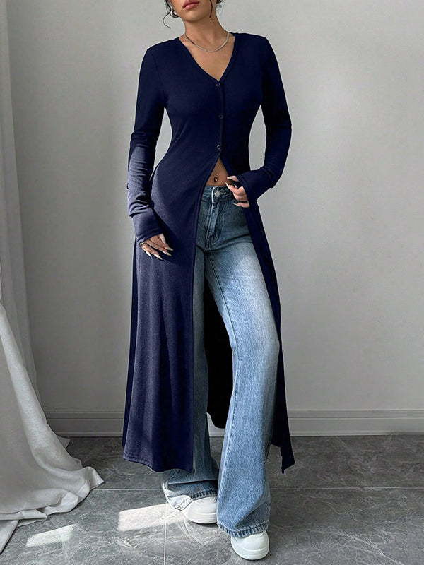 Long Sleeves Skinny Buttoned Solid Color Split-Front V-Neck T-Shirts