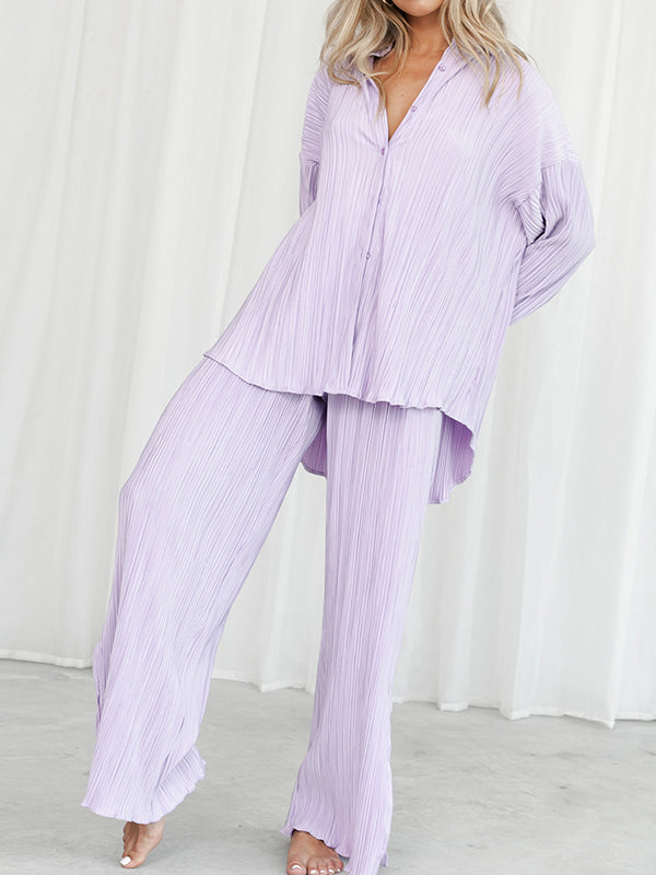 Flared Sleeves Long Sleeves Buttoned Drawstring Pleated Solid Color Split-Side Lapel Shirts Top + Pants Bottom Pajama Sets