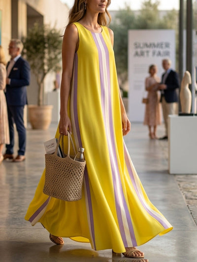 A-Line Loose Pockets Striped Round-Neck Maxi Dresses