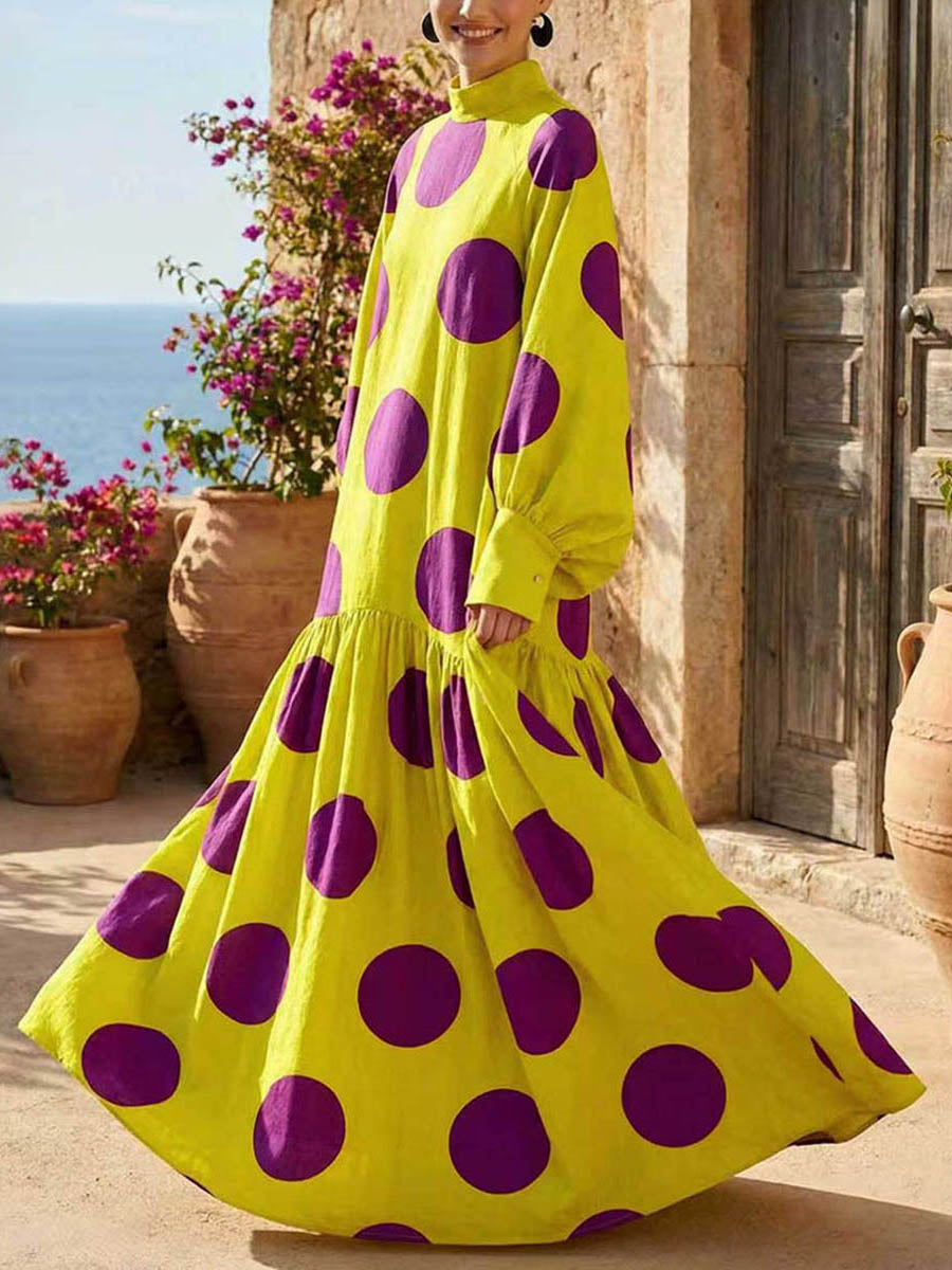 Long Sleeves Loose Big Hemline Contrast Color Pleated Polka Dot Split-Joint Half Turtleneck Maxi Dresses
