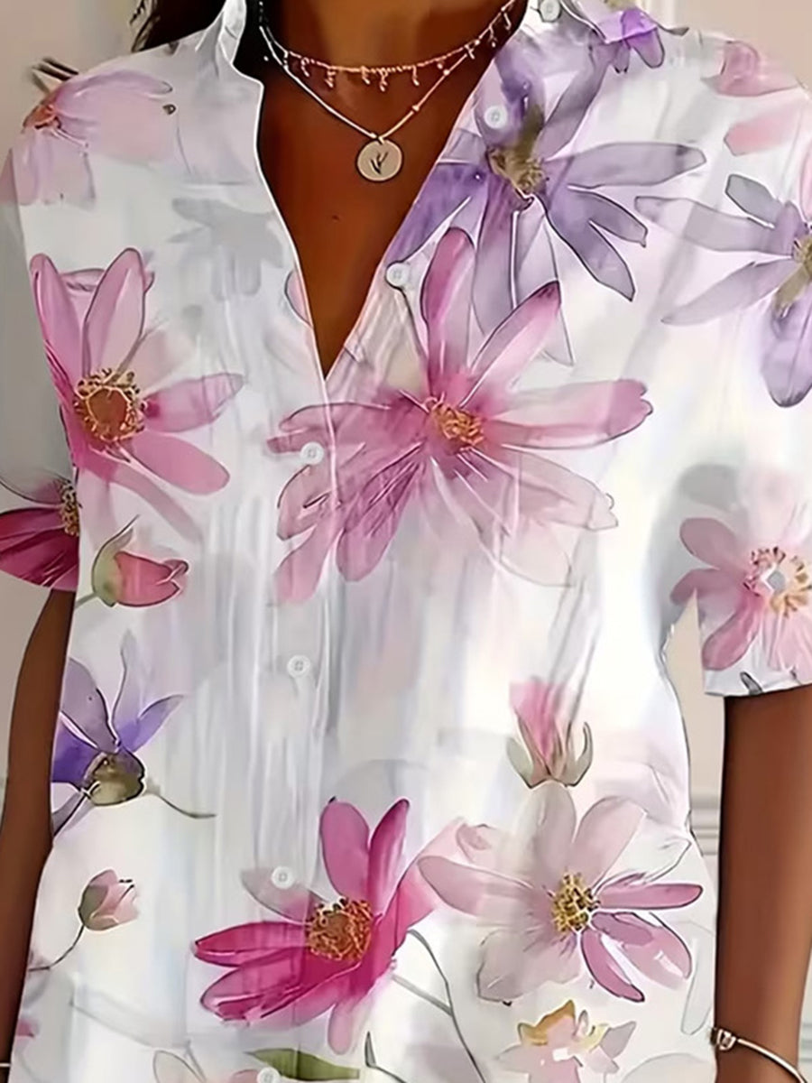 Loose Short Sleeves Buttoned Contrast Color Flower Print Lapel Blouses&Shirts Tops