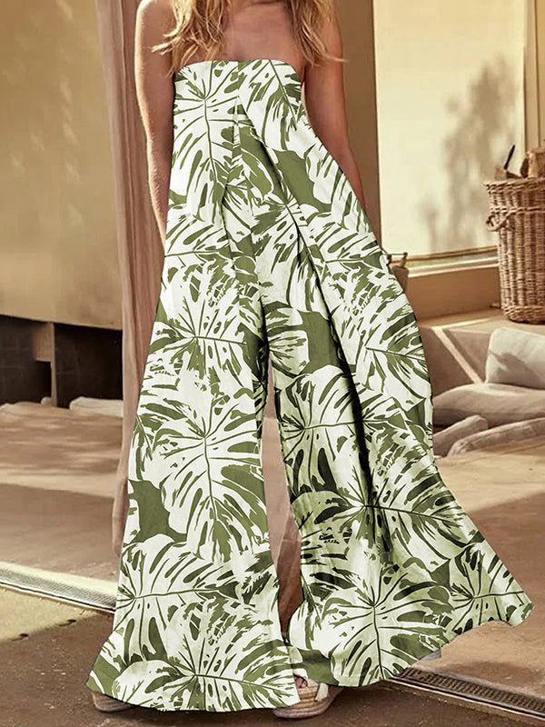 Loose Sleeveless Elasticity Leaves Print Pleated Pockets Tube Jumpsuits