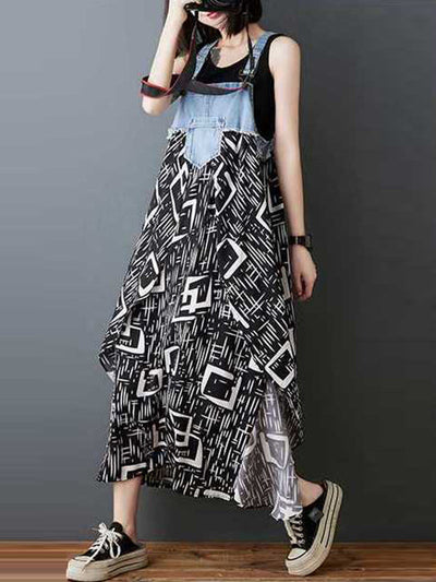 Loose Plus Size Flower Print Pockets Split-Joint Spaghetti-Neck Maxi Dresses Suspender Dress
