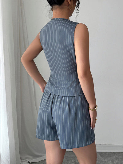 Sleeveless Buttoned Striped V-Neck Vest Top + Pleated Pockets Shorts Bottom Two Pieces Set