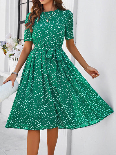 A-Line Elasticated Waist Contrast Color Polka Dot Split-Joint Tied Waist Round-Neck Midi Dresses