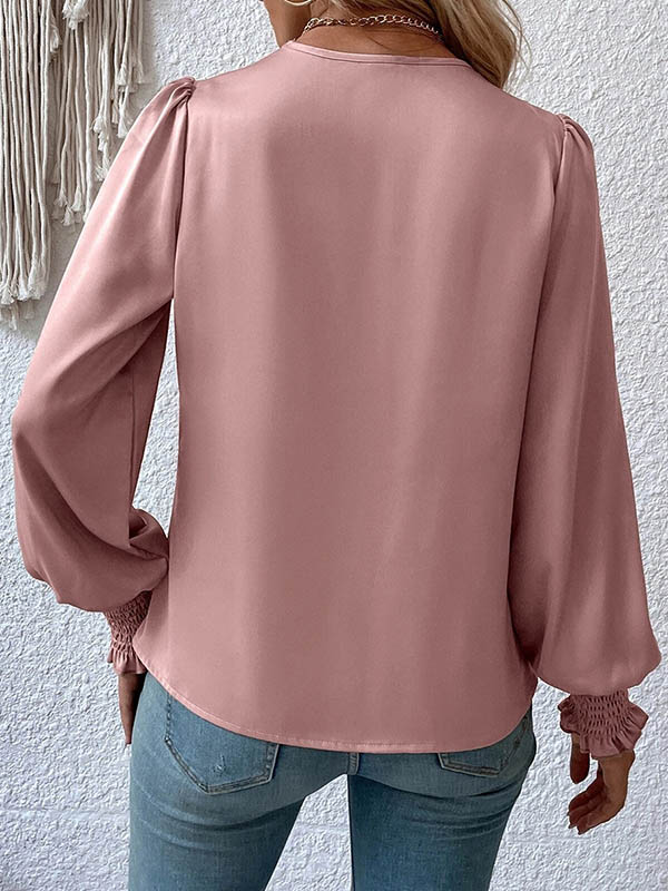 Long Sleeves Loose Elasticity Solid Color V-Neck Blouses&Shirts Tops