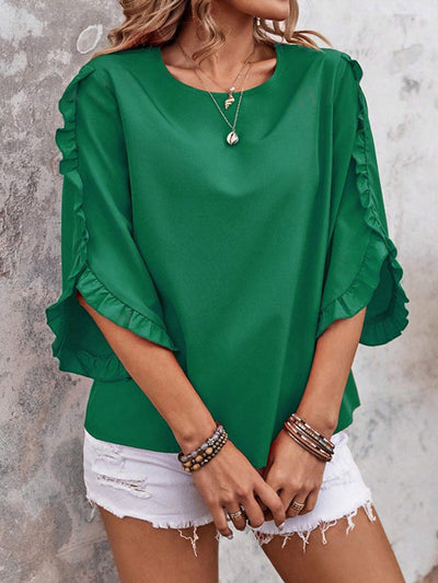 Loose Three-Quarter Sleeves Ruffle Trim Solid Color Round-Neck T-Shirts Tops