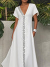A-Line Loose Pockets Shiny Solid Color V-Neck Maxi Dresses
