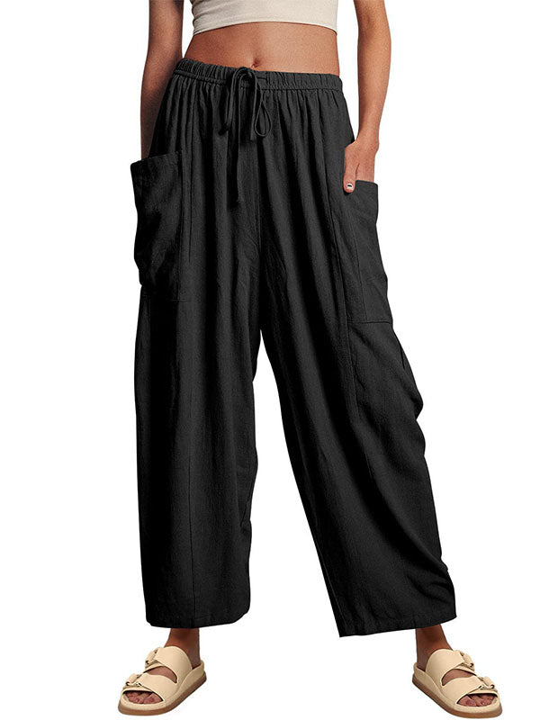 High Waisted Loose Drawstring Elasticity Pleated Pockets Solid Color Ninth Pants Trousers