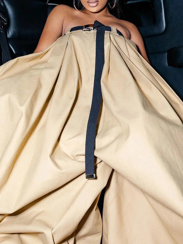 Loose Sleeveless Belted Pleated Pockets Solid Color Tube Jumpsuits