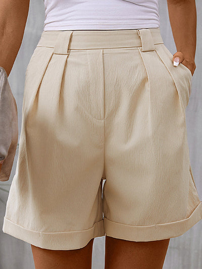High Waisted Loose Pleated Pockets Solid Color Shorts Bottoms