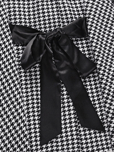 Batwing Sleeves Long Sleeves Houndstooth Tied Waist Stand Collar Cape Outerwear