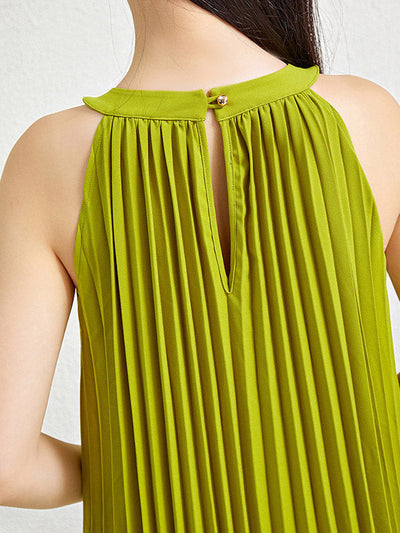 Loose Sleeveless Hollow Pleated Pockets Solid Color Halter-Neck Maxi Dresses