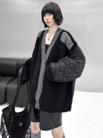 Long Sleeves Loose Buttoned Contrast Color Reversible Split-Joint Collarless Cardigan Tops Outerwear