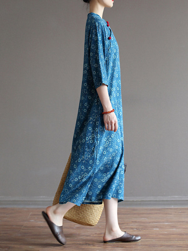 Original Solid Floral Stand Collar Midi Dress