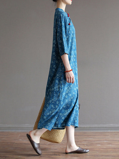 Original Solid Floral Stand Collar Midi Dress