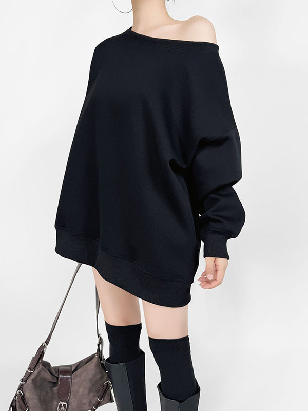 Long Sleeves Loose Solid Color Split-Joint Round-Neck Sweatshirt Tops