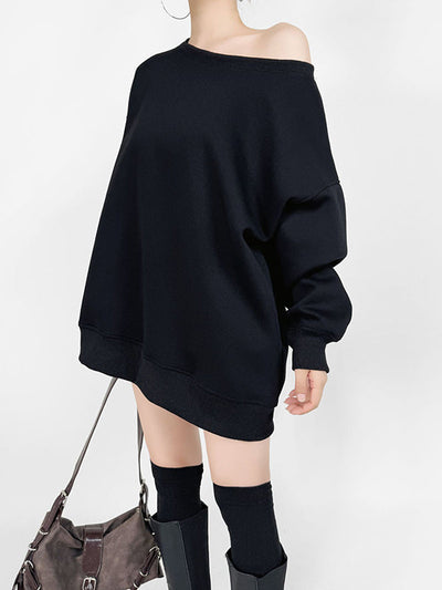 Long Sleeves Loose Solid Color Split-Joint Round-Neck Sweatshirt Tops