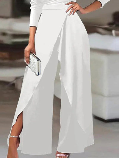 Solid Color One-Shoulder Long Sleeves T-Shirt + High-Waisted Wide Leg Pants Trousers Two Pieces Set