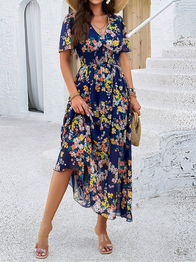 A-Line Elasticated Waist Contrast Color Flower Print Pleated Split-Joint V-Neck Maxi Dresses