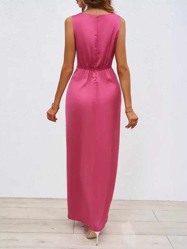 Loose Sleeveless Pleated Split-Front Split-Joint V-Neck Maxi Dresses