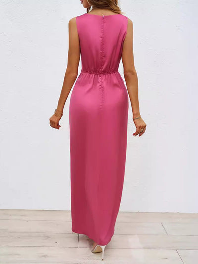 Loose Sleeveless Pleated Split-Front Split-Joint V-Neck Maxi Dresses