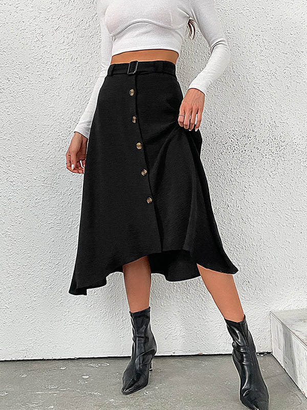 A-line High Waisted Buckle Buttoned Solid Color Skirts Bottoms