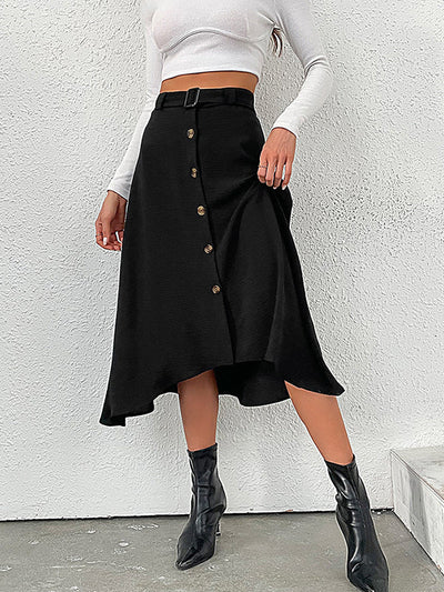 A-line High Waisted Buckle Buttoned Solid Color Skirts Bottoms