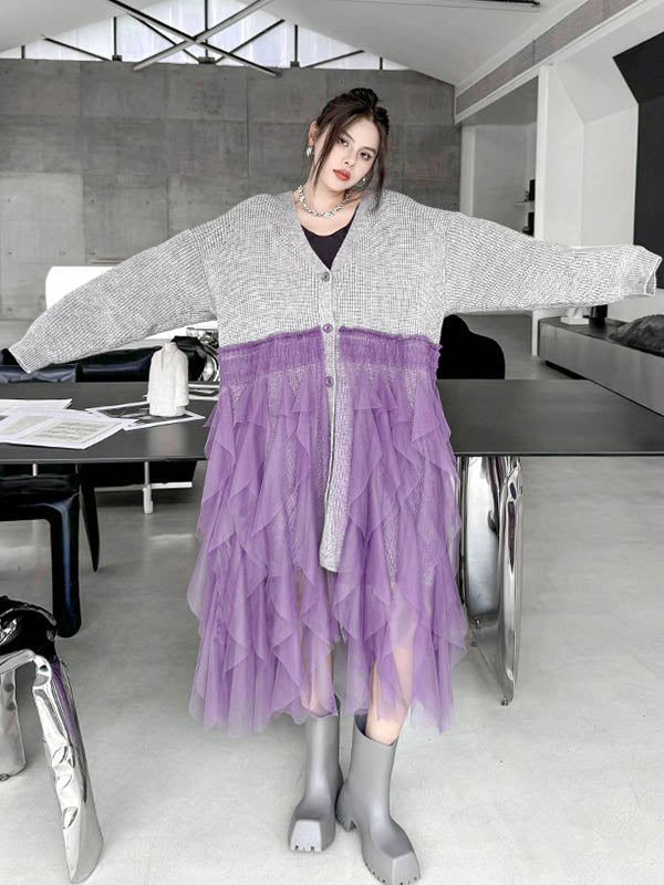High-Low Irregularity Buttoned Contrast Color Mesh Pleated Ribs Split-Joint Collarless Cardigan Tops Outerwear
