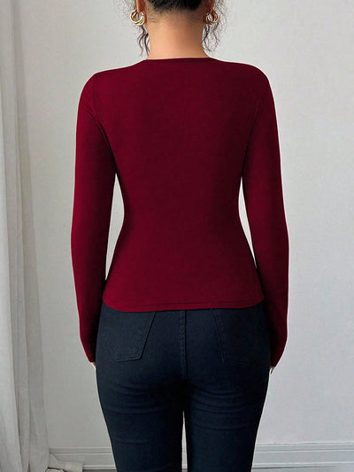 Long Sleeves Skinny Solid Color Split-Joint Asymmetric Collar T-Shirts