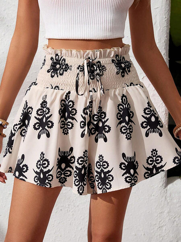 Wide Leg Drawstring Elasticity Printed Split-Joint Shorts